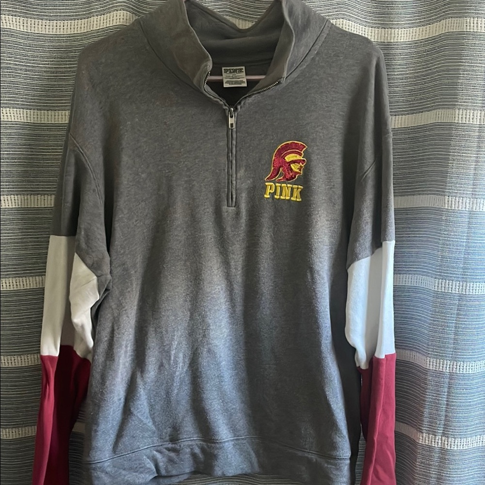 VS Pink Gray Quarter-Zip Sweatshirt with Red and White Sleeves USC